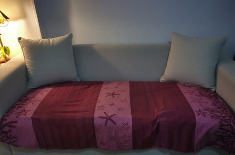 Reversible Cotton Throw | Burgundy with Rose Patterns & Beige Accent