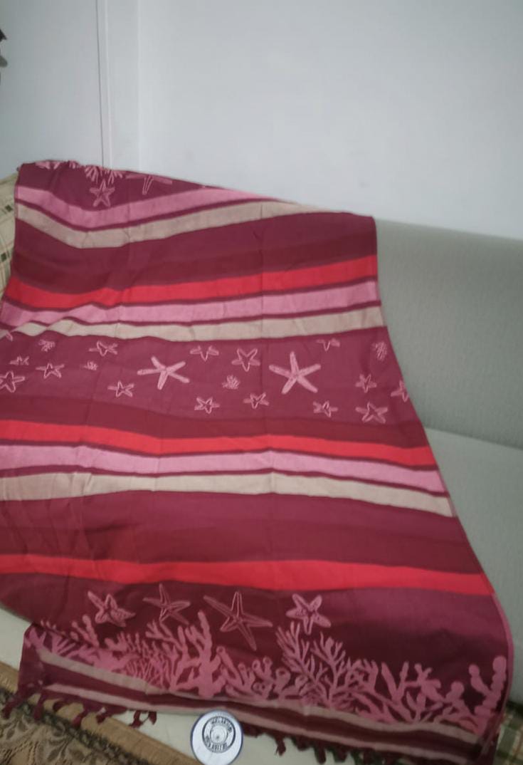 Reversible Cotton Throw | Burgundy with Rose Patterns & Beige Accent