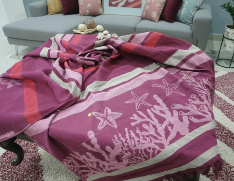 Reversible Cotton Throw | Burgundy with Rose Patterns & Beige Accent
